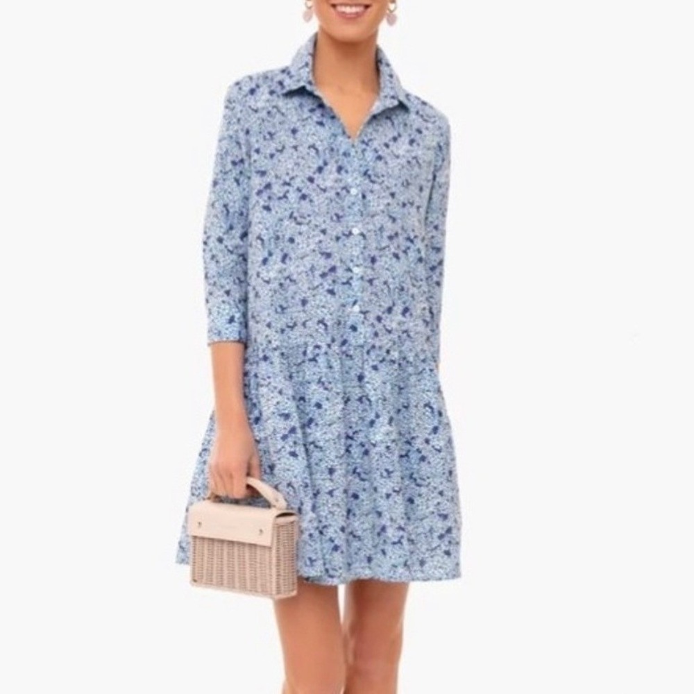 NWT Tuckernuck Women's Blue Floral Tiered Shirt Dress Dropped Waist Size Medium